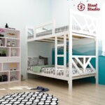 เตียงเหล็ก2ชั้น เสากล่อง ลายกิ่งไม้ ลายใบไม้