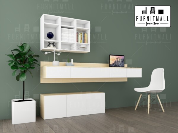 โต๊ะทำงานติดผนัง พร้อมตู้แขวนบน และตู้ล่าง ลายไม้เมเปิล Home Office