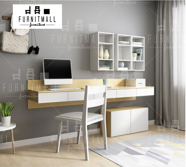 โต๊ะทำงานติดผนัง เมเปิล+ขาว พร้อมตู้แขวนบน และตู้ล่าง - Image 4