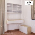 โต๊ะทำงานติดผนัง 1.2 เมตร พร้อมตู้แขวนบน และตู้ล่าง ลายไม้เมเปิล Home Office