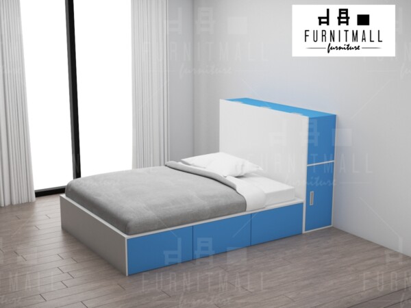 TATAMI BED สีน้ำเงิน พร้อมตู้หัวเตียงเก็บของได้