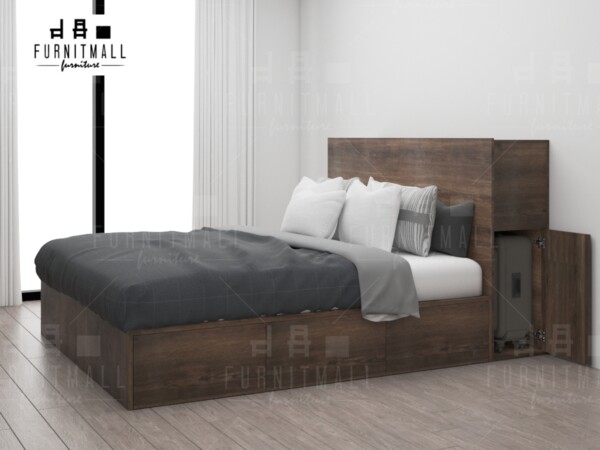 TATAMI BED ลายไม้ Dark Wood พร้อมตู้หัวเตียงเก็บของได้