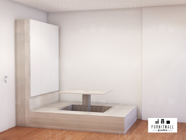 TATAMI BED 5 ฟุต พร้อมโต๊ะปรับระดับ และตู้หัวเตียงสูง 2.4เมตร