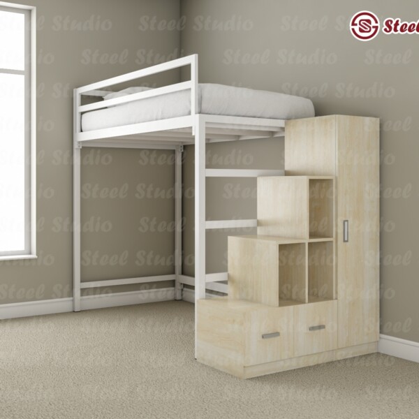 เตียงล่างโล่ง 3.5 ฟุต พร้อมบันไดตู้เสื้อผ้า+ชั้นวาง