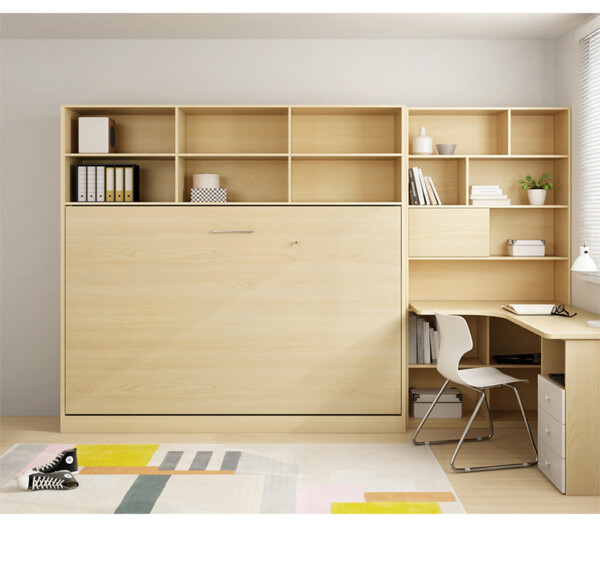 เตียงพับ Wall bed ขนาด 4 ฟุต แนวนอน พร้อมตู้เก็บของ+โต๊ะหนังสือ
