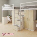 เตียงสูง พื้นล่างโล่ง 3.5 ฟุต 2 ตัว บันไดกล่องร่วม พร้อมตู้เสื้อผ้าและโต๊ะทำงาน