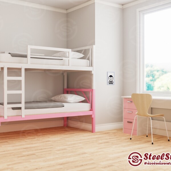 เตียงสองชั้น ลายเฉียง ชมพู-ขาว ถอดแยกได้