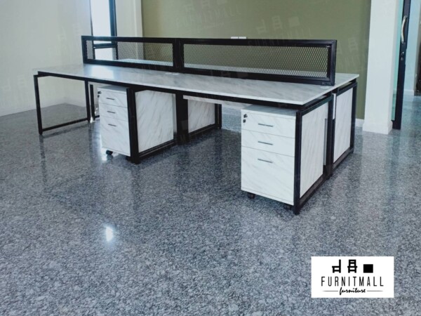 โต๊ะทำงานพร้อมตู้ White Marble + พาร์ทิชันเหล็กฉีก