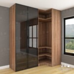 ตู้เสื้อผ้า 100x240 ซม. กรอบมีเนียมหน้าบานกระจกชาดำ + ตู้มุม