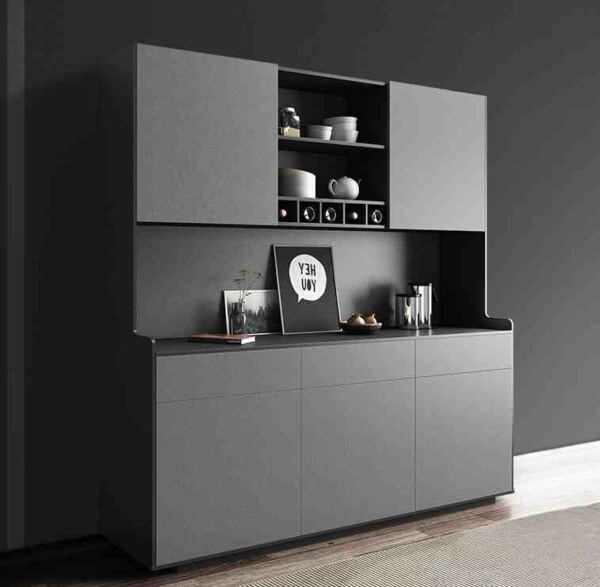 ครัวแห้ง ครัวคอนโด สีกราไฟต์+หน้าบานลายผ้า Minimal Style