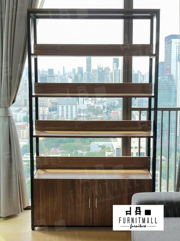 FURNITMALL ชั้นวางของ ชั้นเก็บของ ชั้นไม้ ชั้นเหล็ก (สีดำ ไม้ลาย Milano)
