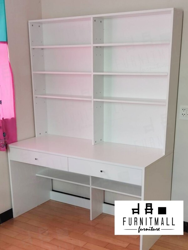 โต๊ะทำงานขาวล้วน พร้อมลิ้นชักและชั้นวางของ - Image 2