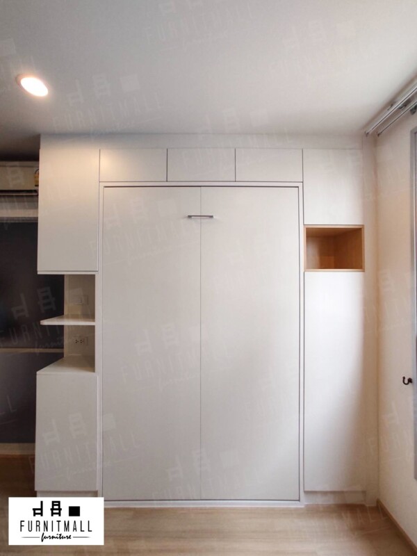 Wall bed 4 ฟุต พร้อมตู้เก็บของฟิตเต็มผนัง สูงชนฝ้า