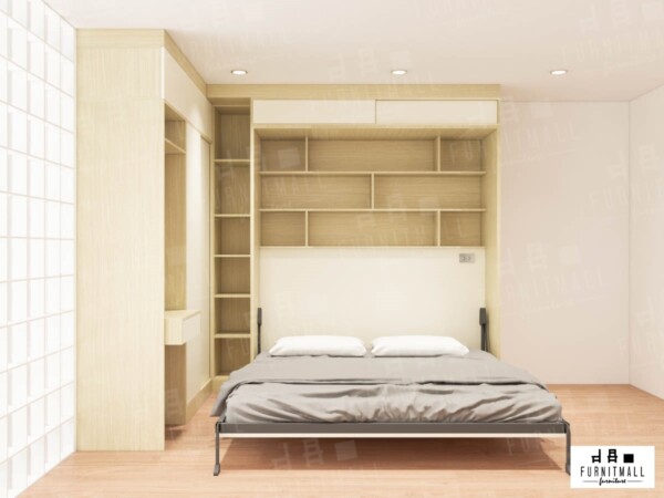 เตียงพับ Wall bed 6 ฟุต พร้อมตู้เสื้อผ้าบานเลื่อน และโต๊ะเครื่องแป้ง