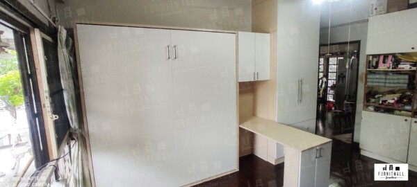 เซต 3ชิ้น เตียงพับ Wall bed 6 ฟุต พร้อมโต๊ะพับ และตู้เสื้อผ้าบานฟิตอิน
