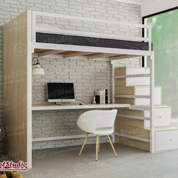 เตียงสูงปิดไม้+โต๊ะทำงาน พร้อมกล่องบันไดลิ้นชัก