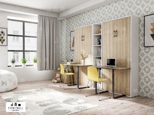 เซตเตียงพับ Wallbed 3 ฟุต พร้อมโต๊ะทำงาน 2 ชุด+ชั้นวางหนังสือชุดกลาง