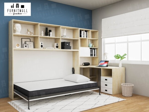 Wall bed ขนาด 4 ฟุต แนวนอน พร้อมตู้เก็บของ+โต๊ะหนังสือ