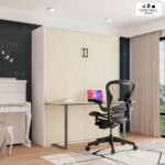 Wallbed 5 ฟุต พร้อมโต๊ะทำงาน มีชั้นวางของด้านใน