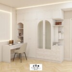 บิ้วอินตู้เสื้อผ้าพร้อมโต๊ะ สไตล์มินิมอลโมเดิร์น บานยกขอบ เลือกขนาดได้ บิ้วอินสำเร็จรูป