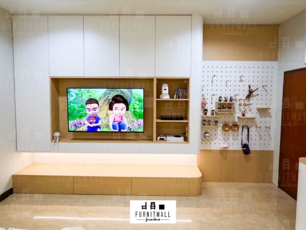 ชุดบิ้วอินตู้ทีวีโมเดิร์น แขวนผนัง+มุมโค้ง