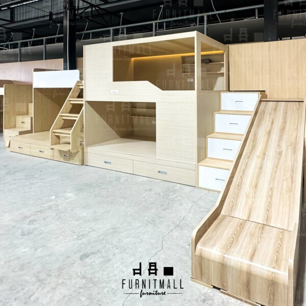 เตียงสองชั้น เตียงโฮสเทล เตียงเด็ก พร้อมกล่องบันไดและสไลเดอร์