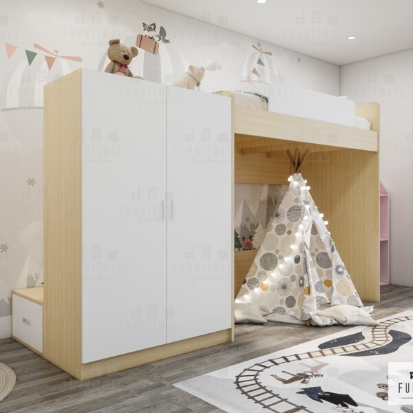 เตียงไม้สูงล่างโล่ง บันไดขึ้นหลังพร้อมตู้เสื้อผ้า ขนาดรวม 1.15x3.25 เมตร สูงรวม 2 เมตร