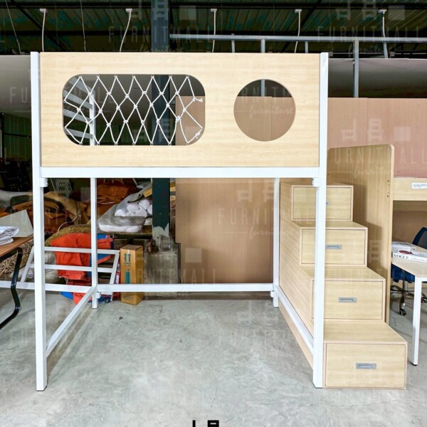 เตียงสูงสำหรับเด็ก เตียงล่างโล่ง บันไดกล่องลิ้นชัก สูงรวม 2.2 เมตร KB-002 เมเปิล