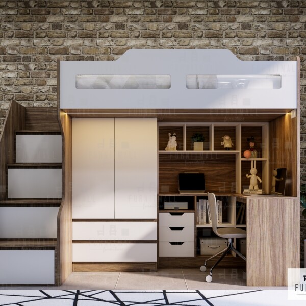 เตียงสูงล่างโล่ง3.5ฟุต พร้อมโต๊ะทำงานตัวแอล + ไฟ LED ใต้เตียง