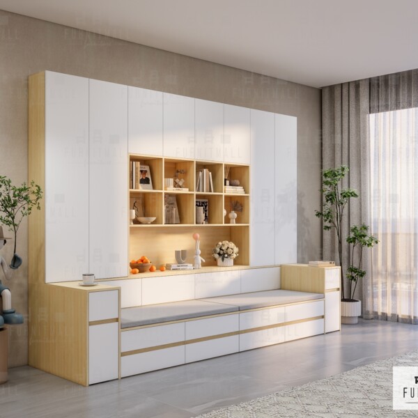 ตู้โชว์พร้อมโซฟาไม้กว้าง 3.2m สูง 2.4m (ราคาไม่รวมเบาะ)