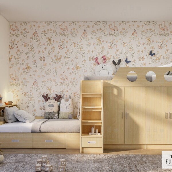 เตียงสองชั้น3.5ฟุตวางตามขวาง พร้อมตู้เสื้อผ้าบานสไลด์ใต้เตียง